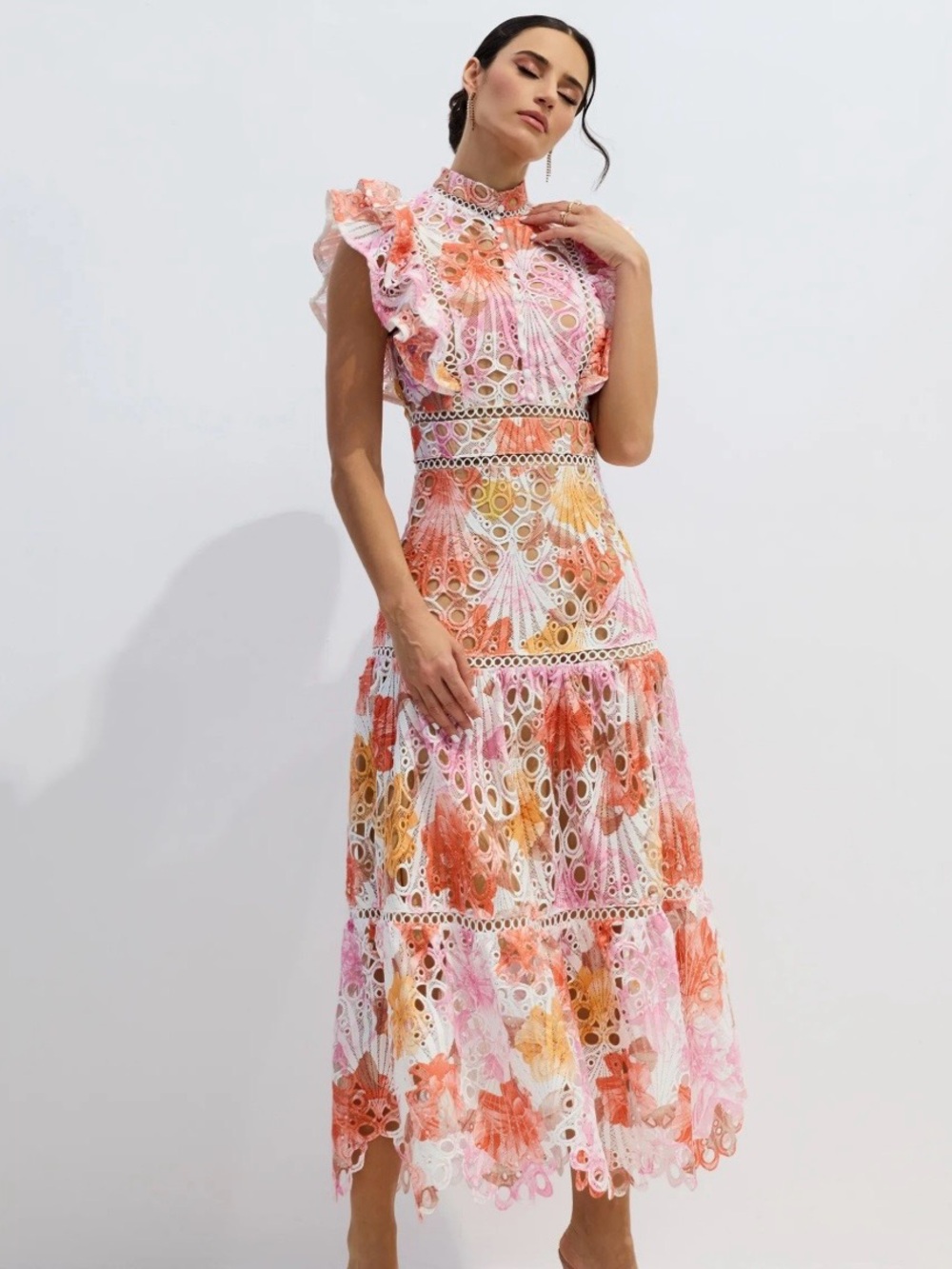 Dalia MacPhee HILDA PRINT LACE EMBROIDERED MAXI DRESS